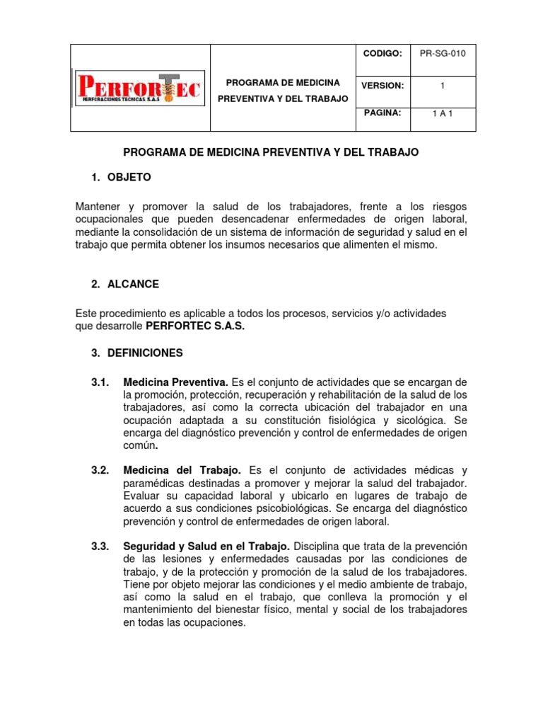 Programa de Medicina Preventiva Laboral | PDF | Seguridad y salud ...