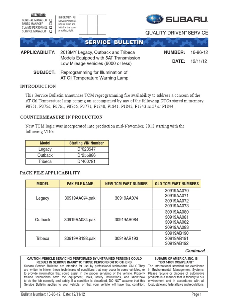 Subaru TCM Reprogramming Bulletin 16-86-12 | PDF | Manual Transmission ...