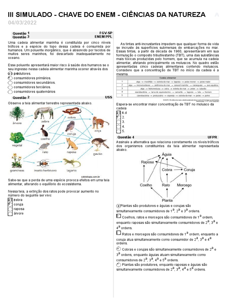 III Simulado - Chave Do Enem - Ciências Da Natureza | PDF | Food Web ...