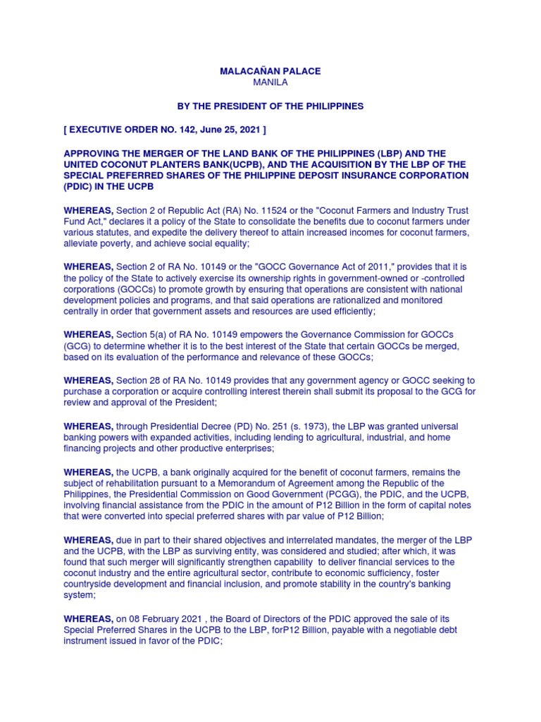 Presidential Executive Order No. 142, S 2021 | Download Free PDF ...