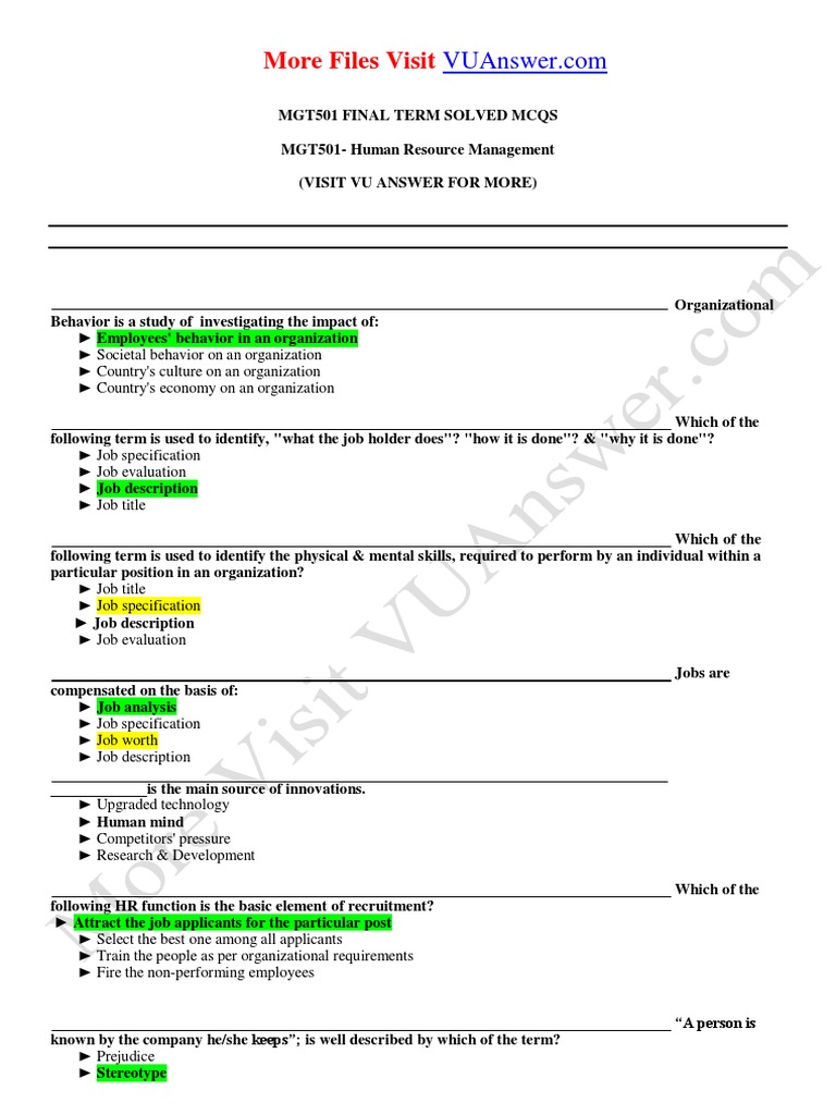 Mgt501 Hr Management Exam Guide Pdf Human Resource Management