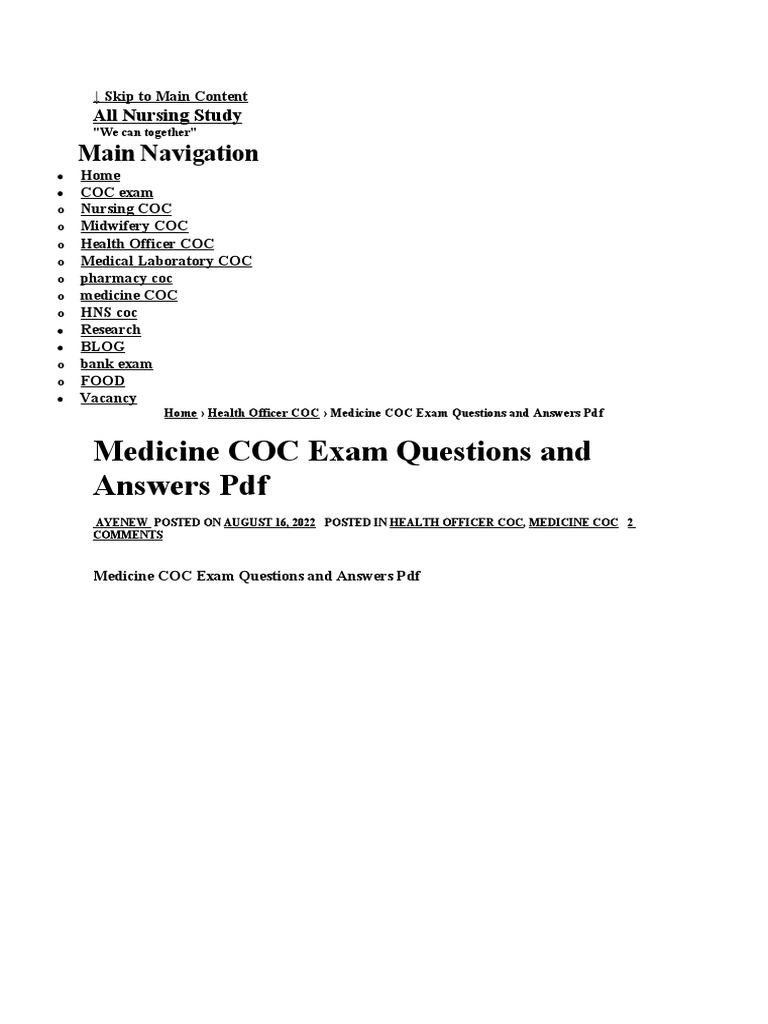 Medicine COC Exam Questions and Answers PDF Main Navigation PDF Childbirth Injury