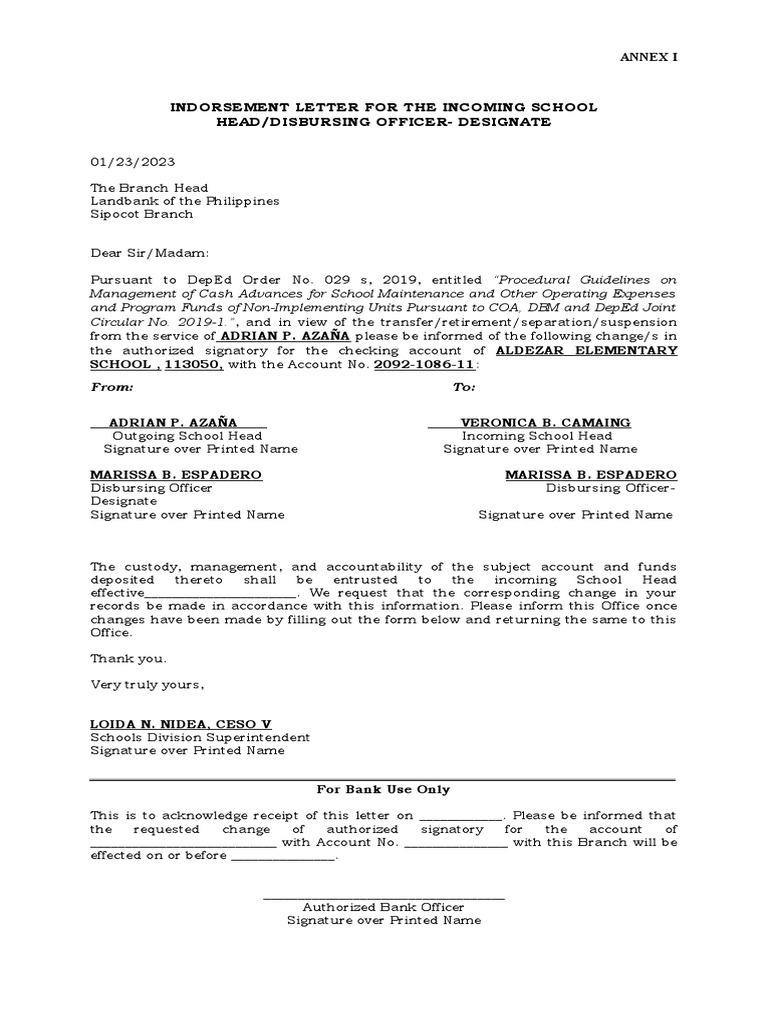 Indorsement Letter For The Incoming School Head Annex I | PDF