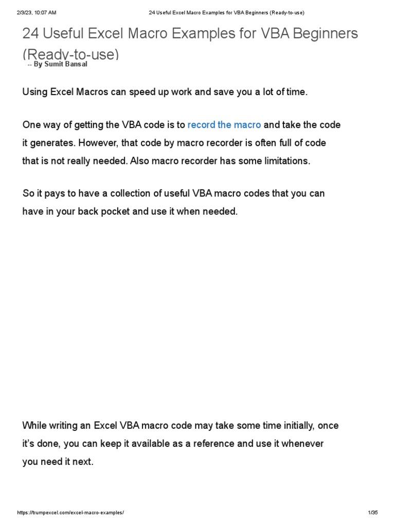 24 Useful Excel Macro Examples For VBA Beginners (Ready-To-Use) | PDF ...