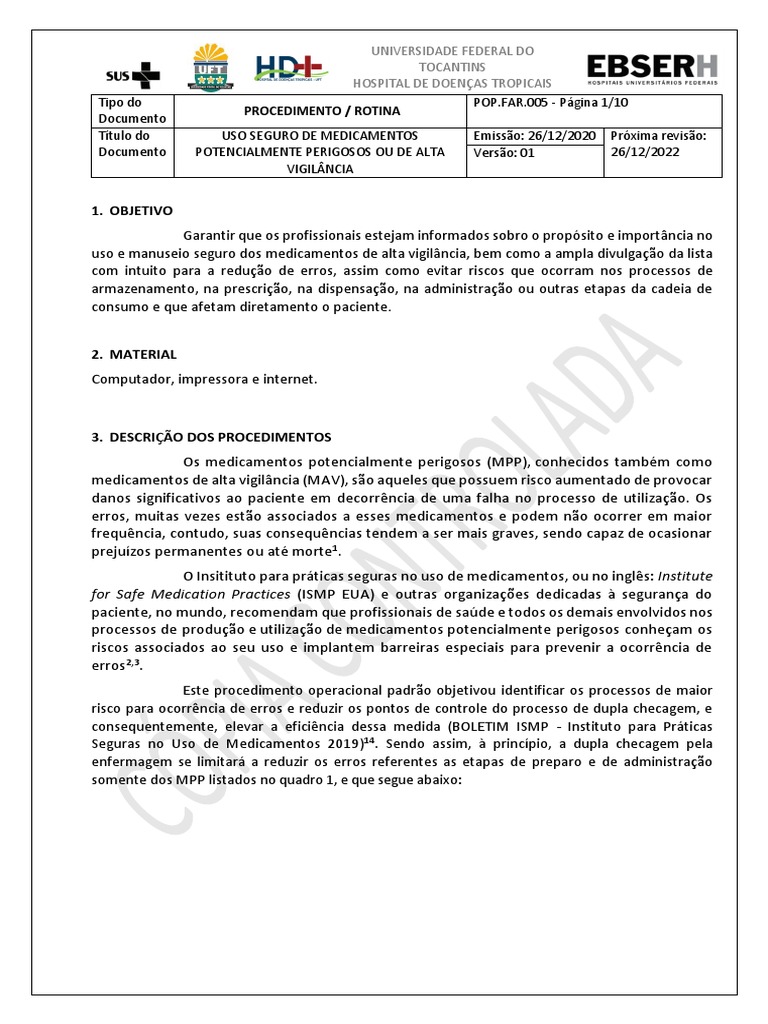 Pop.005 Uso Seguro de Medicamentos Potencialmente Perigosos Ou de Alta ...