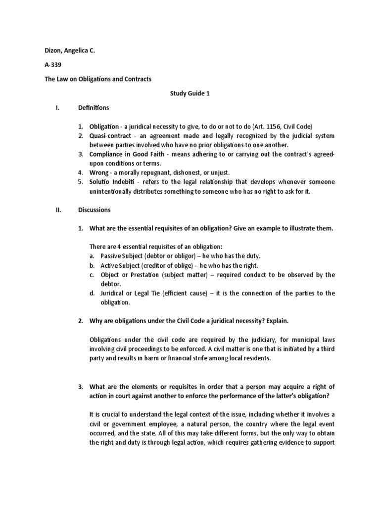 Dizon, Angelica Study Guide 1 PDF Law Of Obligations Indemnity