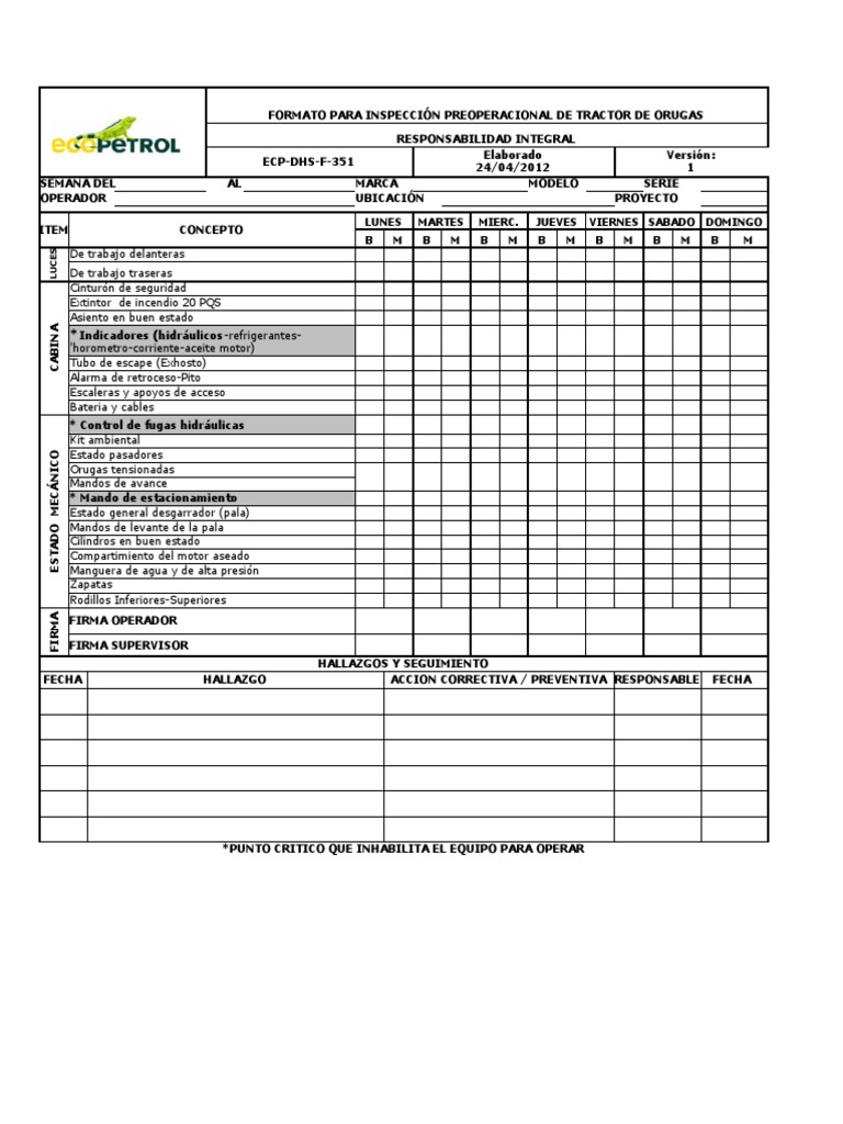 ECP-DHS-F351 Inspección Preoperacional de Tractor de Orugas | PDF ...