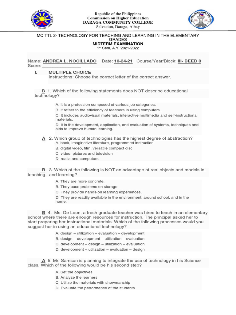 TTL 2 Midterm Exam and Answer Key | PDF | Educational Technology ...