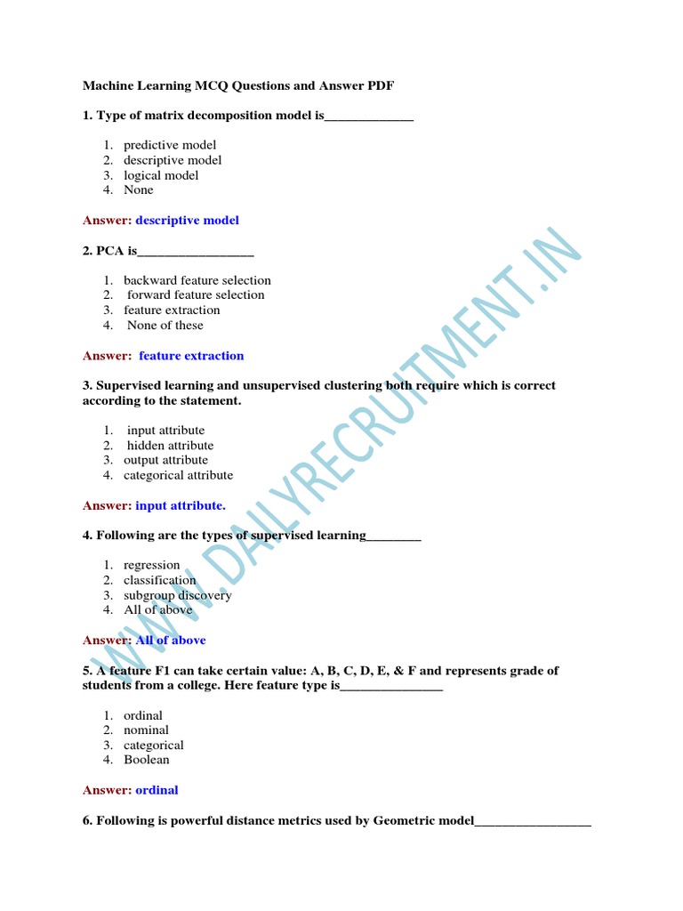 ML MCQ Questions and Answer PDF | PDF