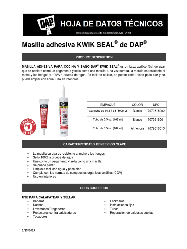 kwiksealadhesivecaulkwhite_tds_21219_sprev PDF Agua Materiales