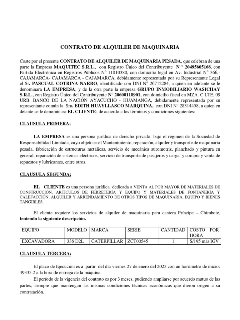 Contrato de Alquiler Excavadora 2 | PDF