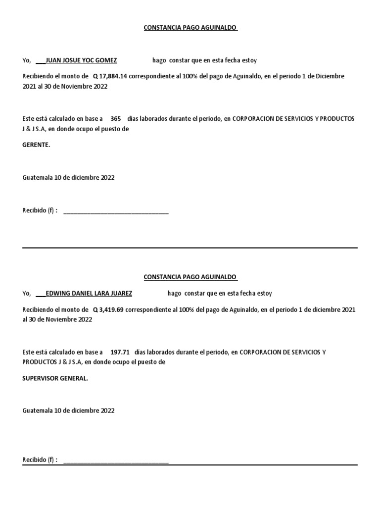 Constancia Pago Aguinaldo 2022 | PDF