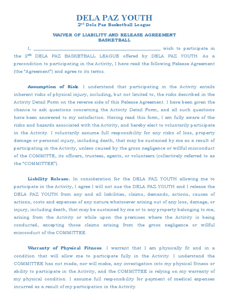 Waiver For League | PDF | Legal Liability | Risk