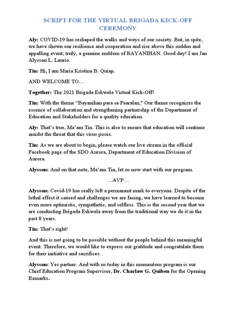 Brigada Eskwela 2021 Kick-Off Script | PDF | Social Science