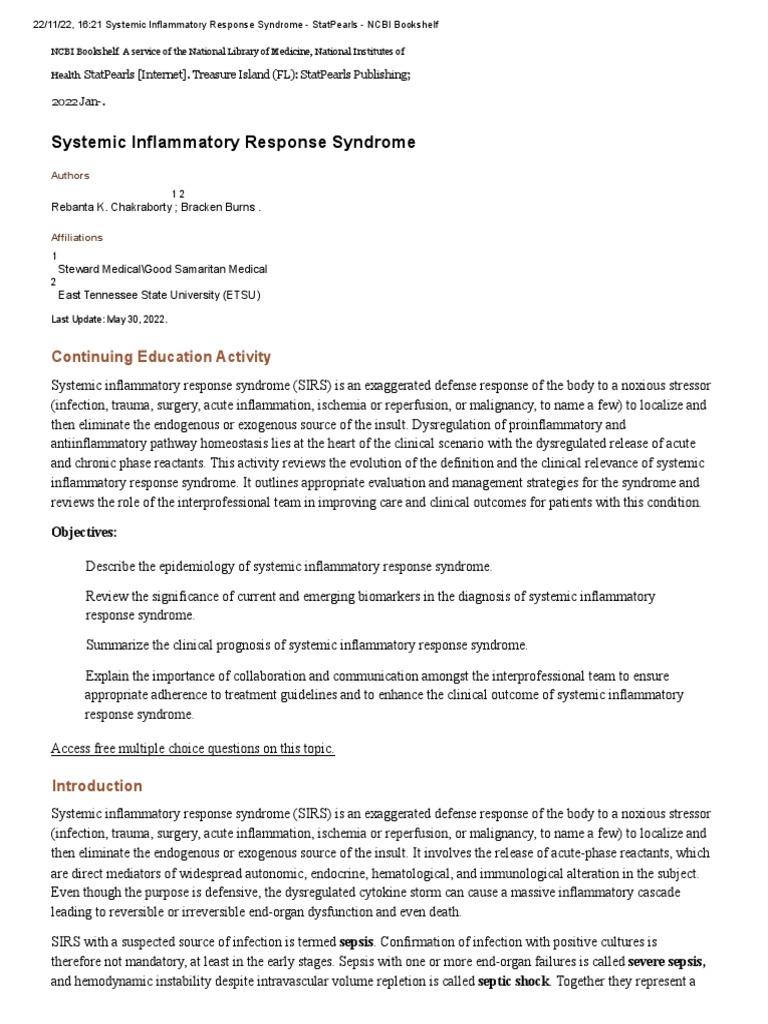 Systemic Inflammatory Response Syndrome | PDF | Sepsis | Inflammation