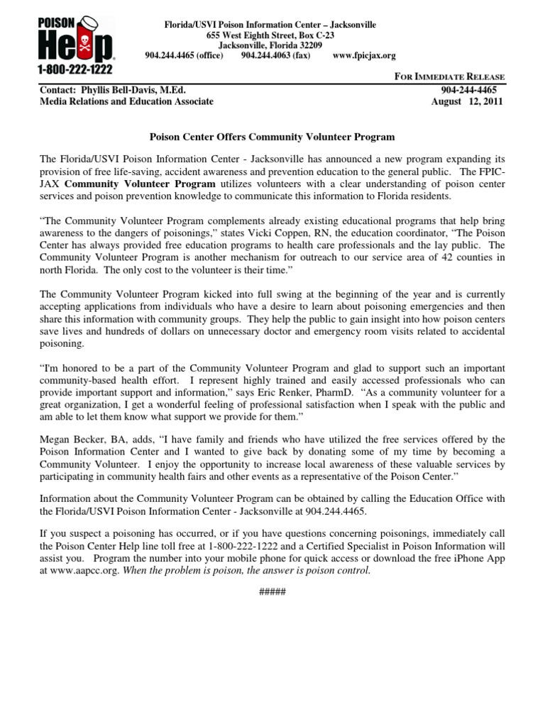 Poison Center Offers New Program | PDF | Volunteering | Jacksonville