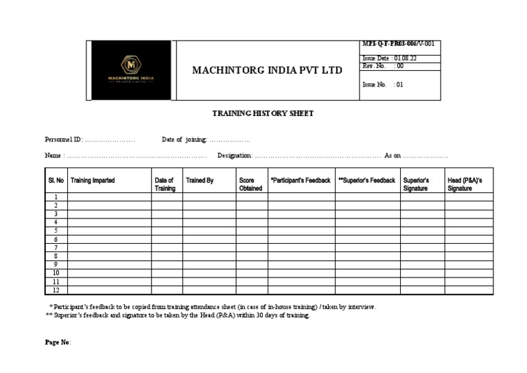 Training History Card PDF