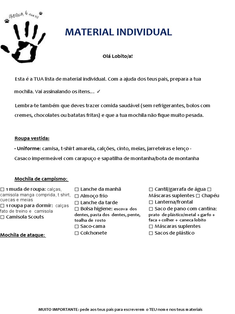 Lista de Material Individual para Acampamento | PDF | Gastronomia ...