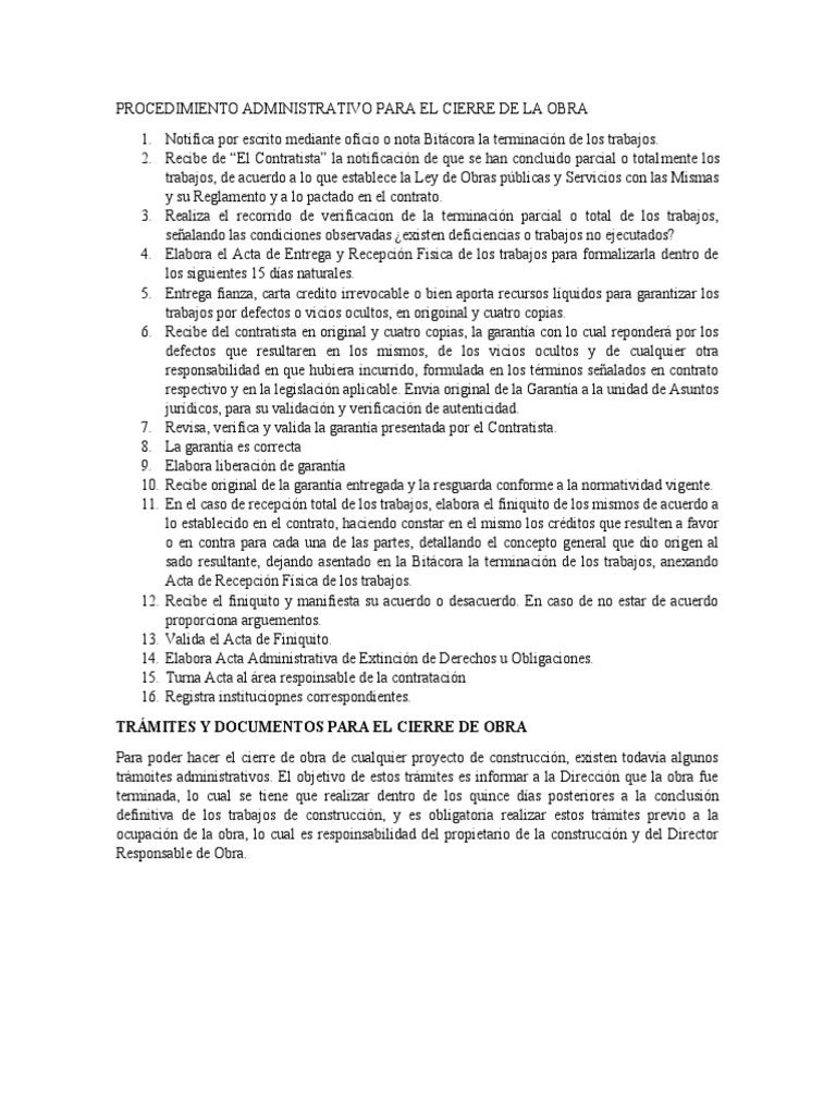 Procedimiento Administrativo para El Cierre de La Obra | PDF | Justicia ...