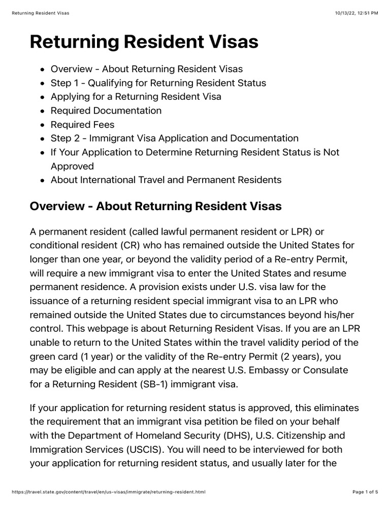 US Returning Resident Visas PDF Travel Visa Immigration