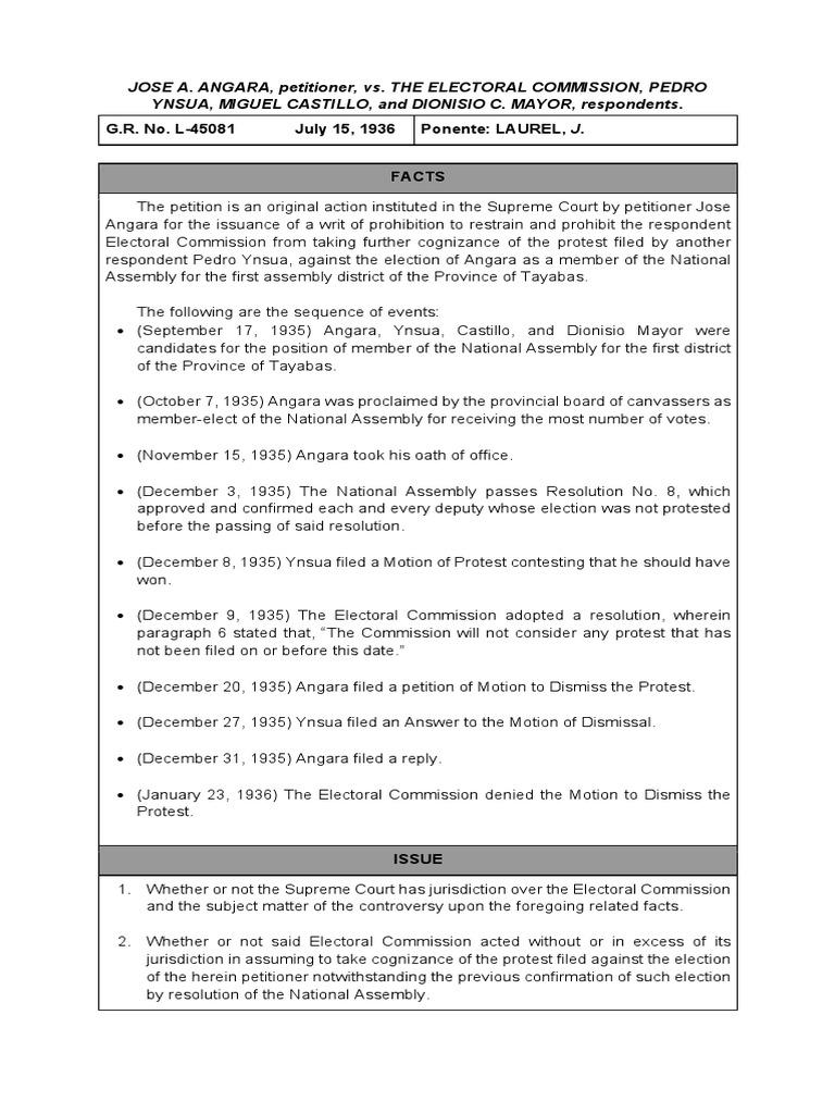 Angara vs Electoral Commission Ruling | PDF | Jurisdiction | Supreme ...