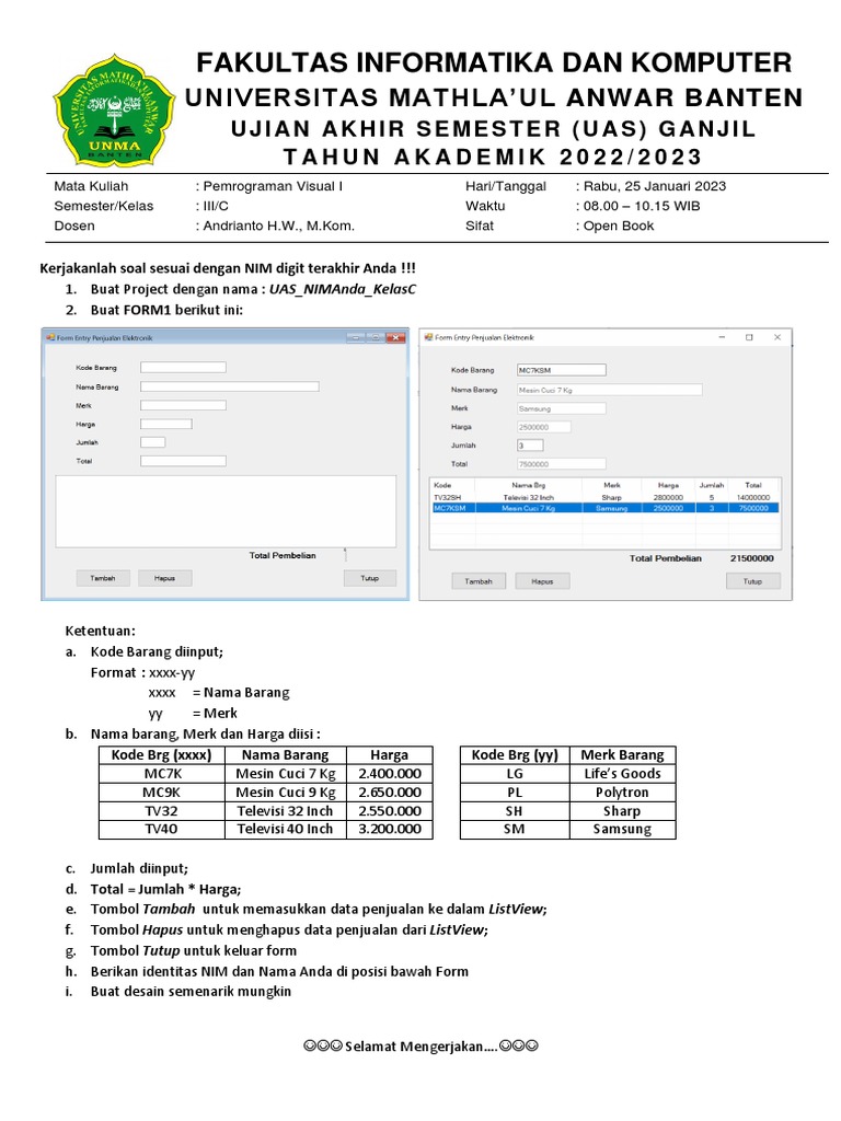 UAS Pemrograman Visual I 2023 | PDF
