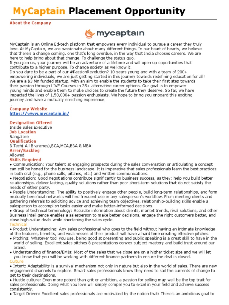 Inside Sales Executive Job at MyCaptain | PDF | Sales | Understanding