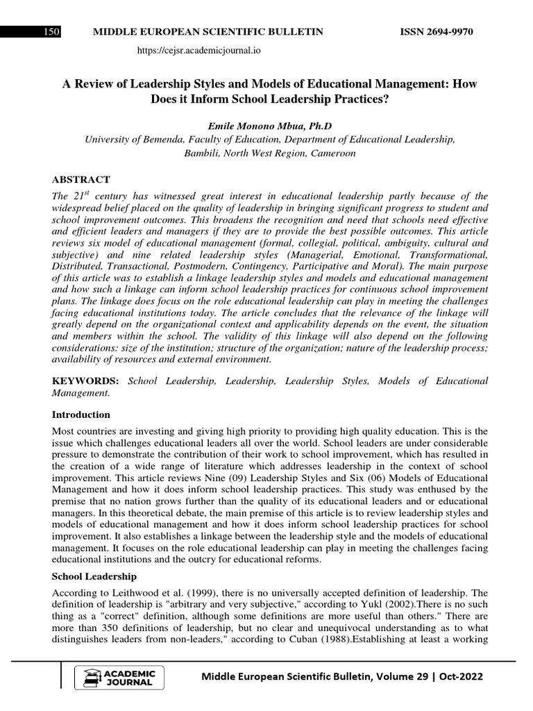 A Review of Leadership Styles and Models of Educational Management How