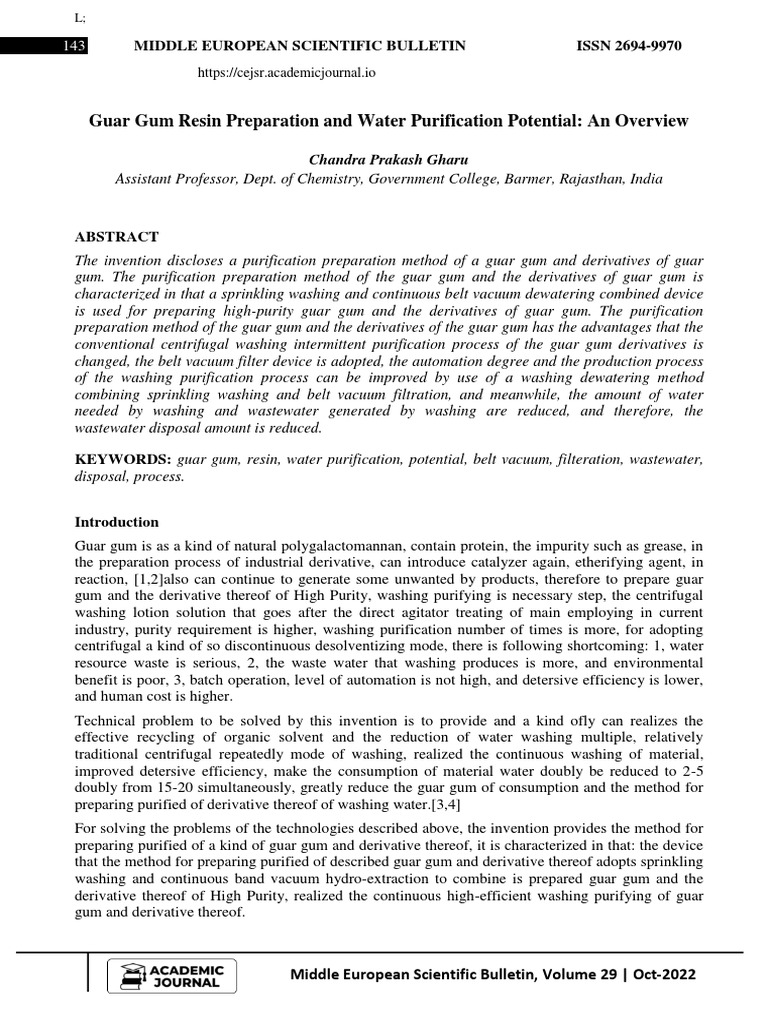 Guar Gum Resin Preparation and Water Purification Potential An