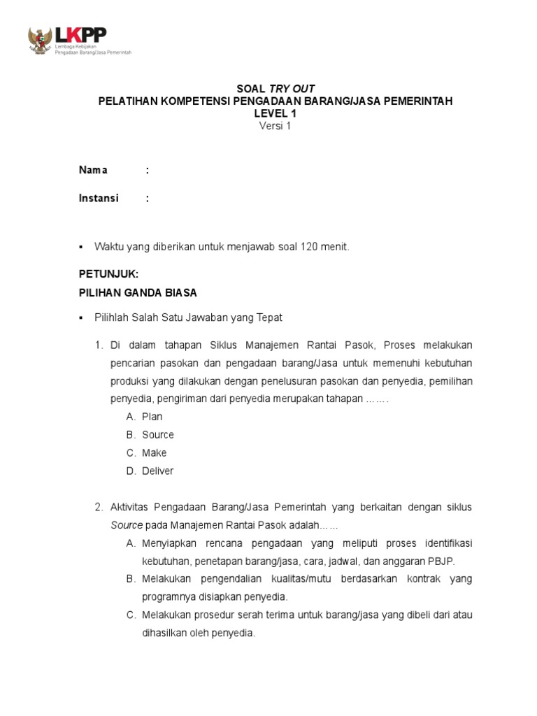 Try Out Pelatihan Kompetensi Pbjp Level 1 Versi 1 Pdf