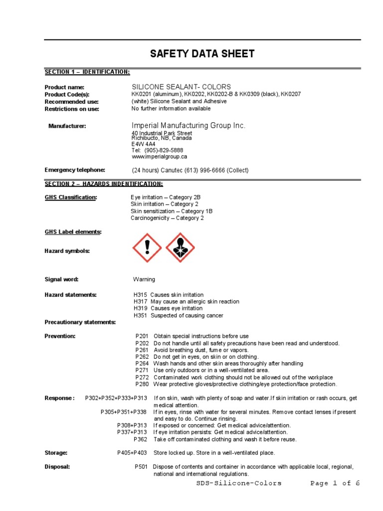 Silicone Sealant Safety Data Sheet | PDF | Personal Protective ...