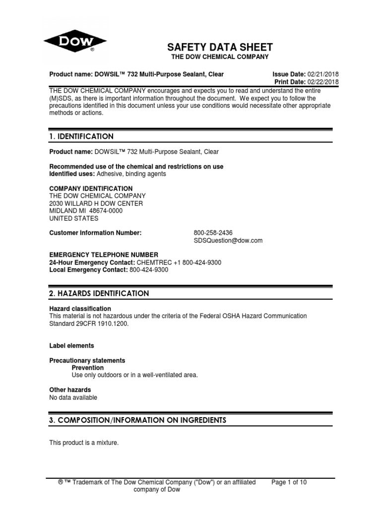 MSDS - Sealing Compound Dowsil 732 | PDF | Toxicity | Dangerous Goods
