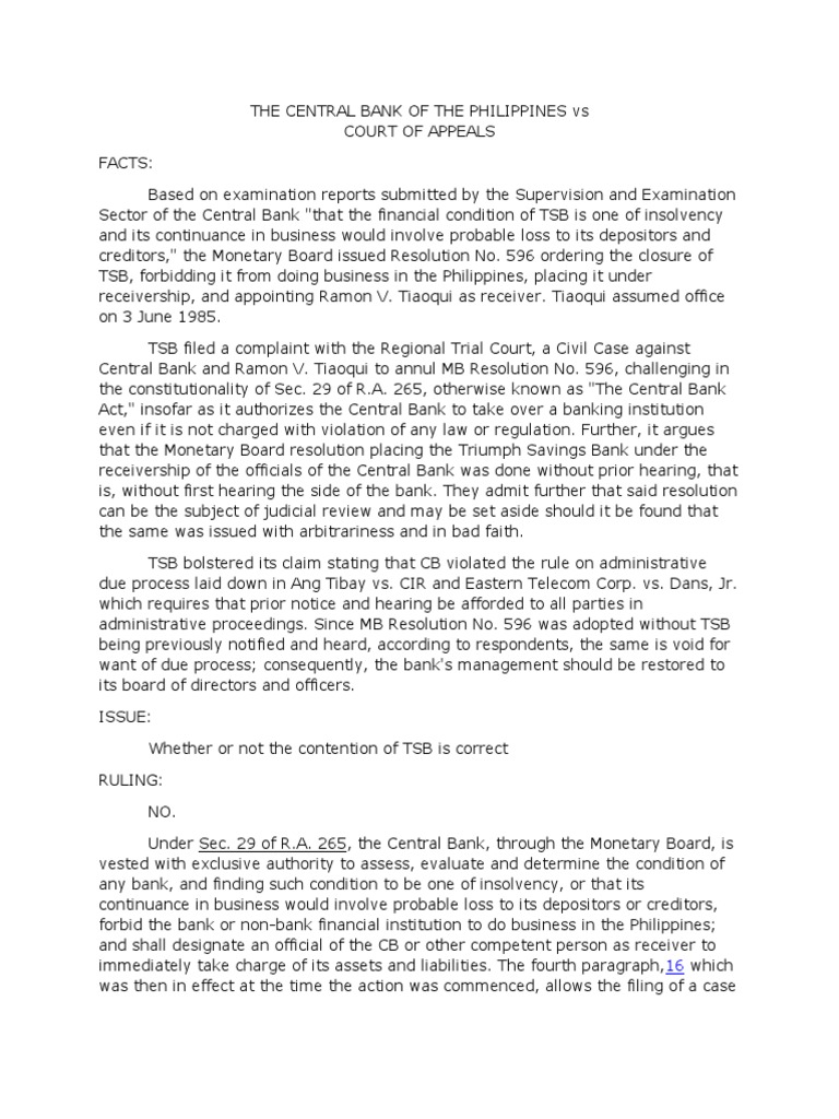 THE CENTRAL BANK OF THE PHILIPPINES Vs CA Report PDF Receivership