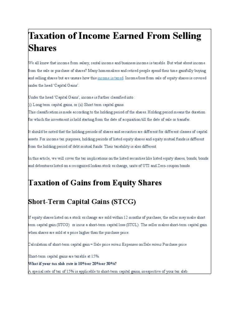Taxation of Earned From Selling Shares PDF Capital Gains Tax