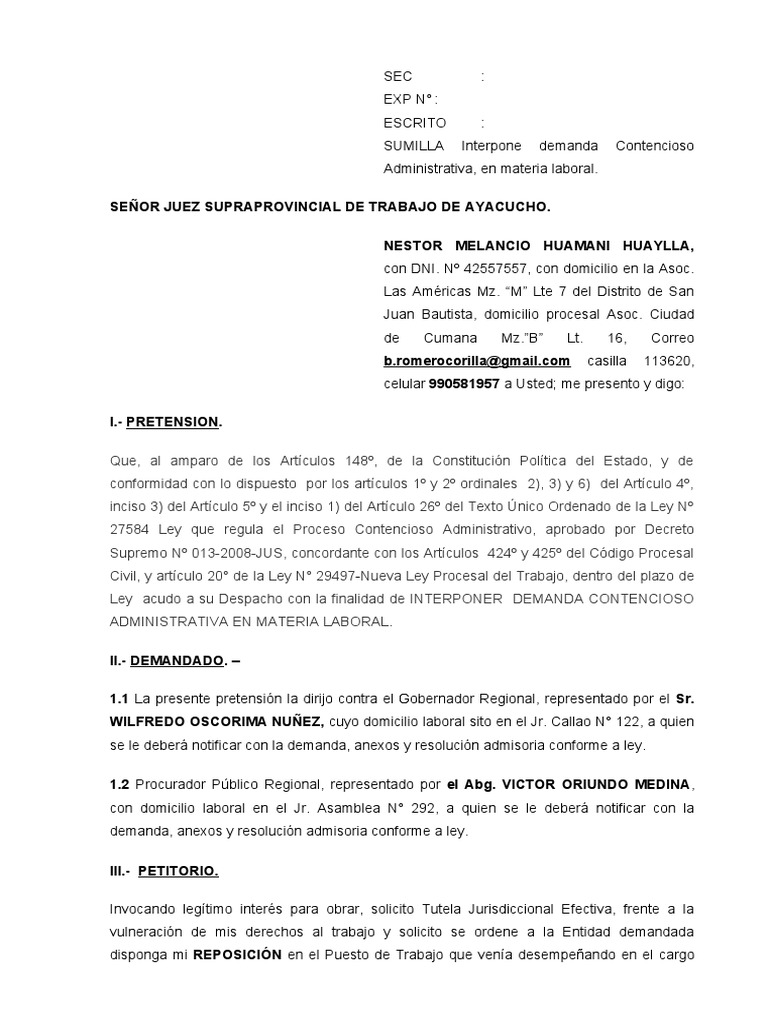 Demanda de Reposición Laboral 276 | PDF | Debido al proceso | Caso de ley