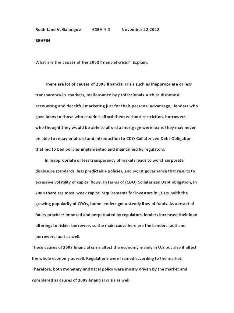 Galangue Reah Jane BSBA4D Cause Of 2008 Financial Crisis PDF