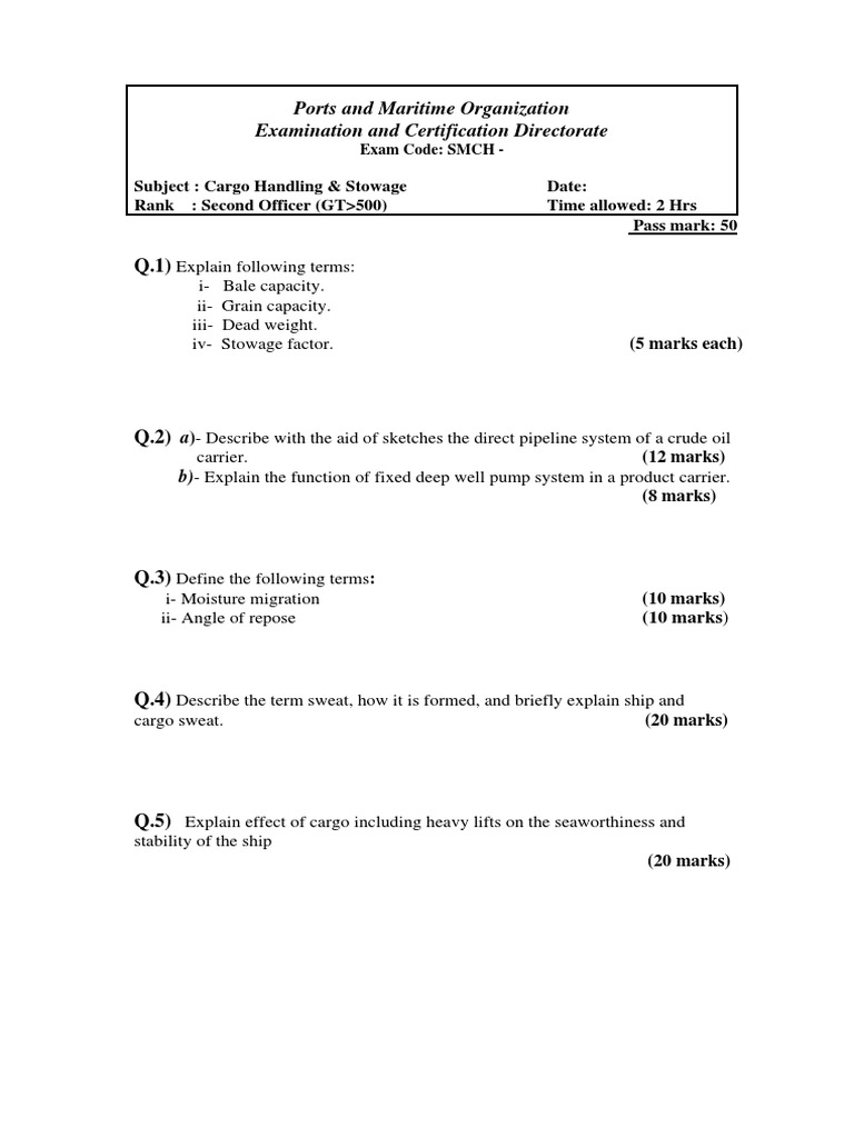 Cargo Handling & Stowage Exam Guide | PDF | Cargo | Ships