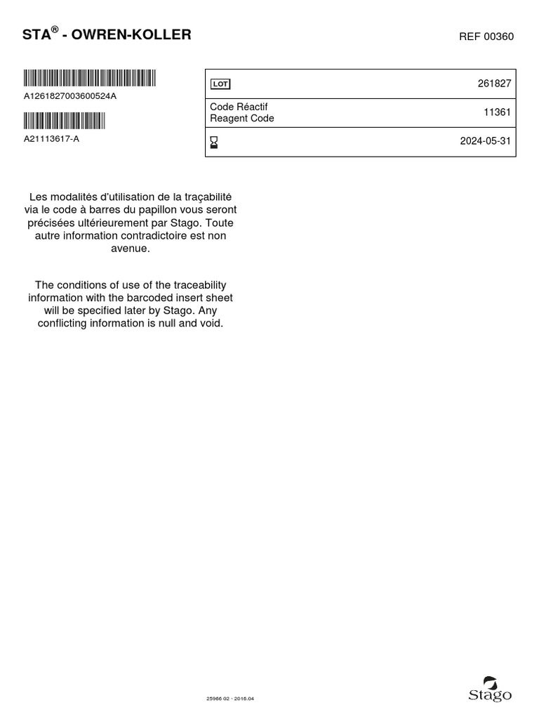 STA - Owren-Koller: 261827 Code Réactif Reagent Code 11361 | PDF