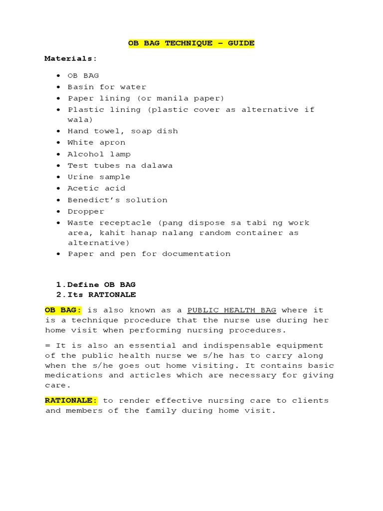 OB Bag Technique for Home Nursing Care | PDF | Hand Washing | Urine