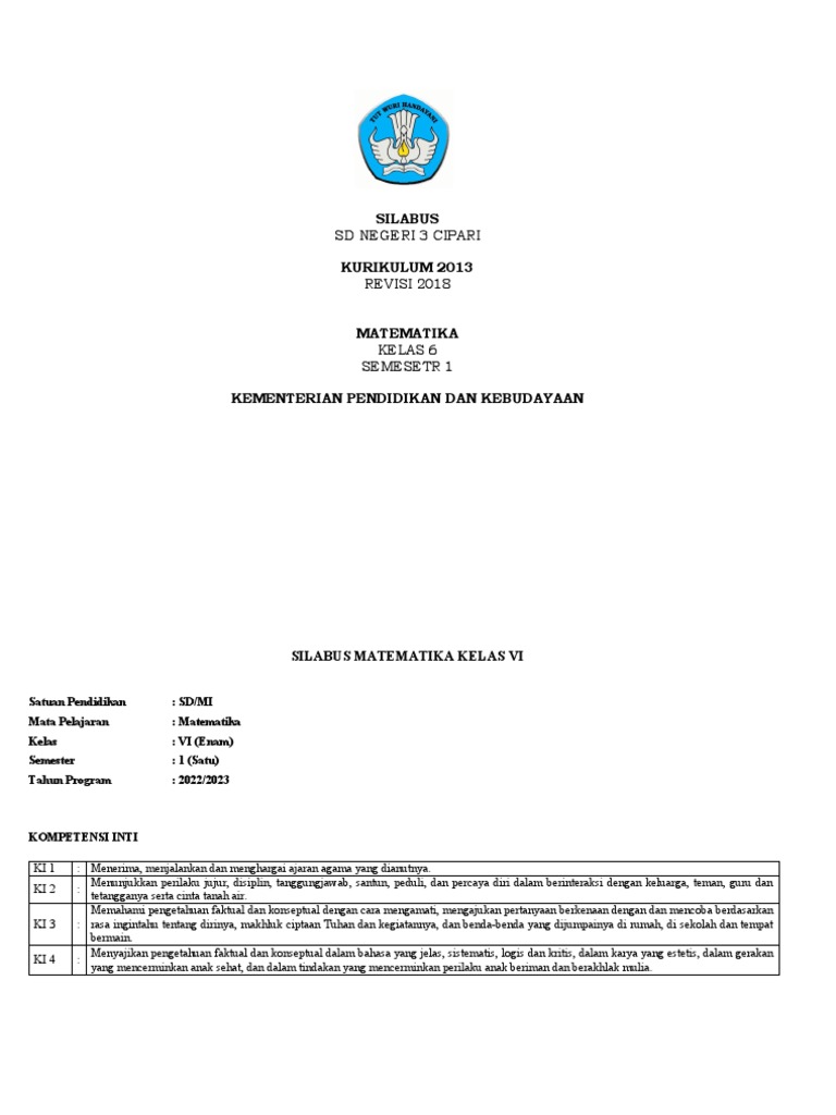 Silabus Matematika Kelas 6 Semester 1 | PDF | Metode & Bahan Ajar