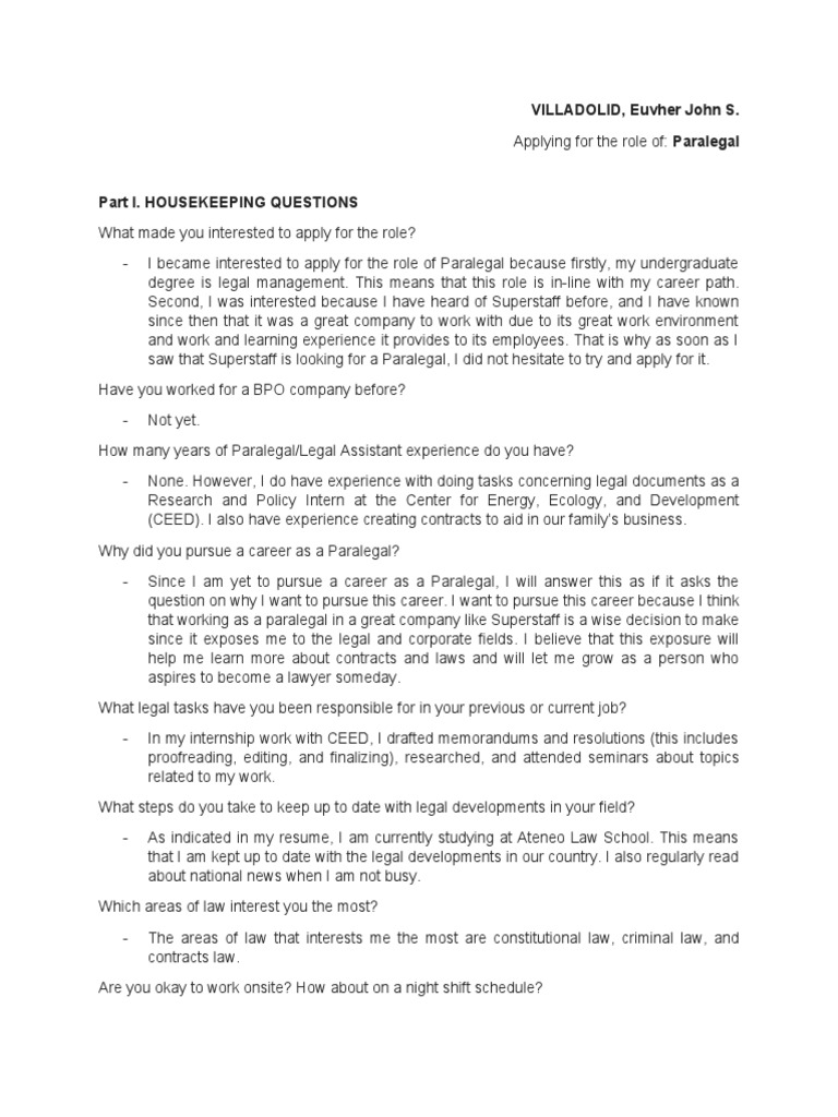 Part I. Housekeeping Questions PDF Paralegal Justice