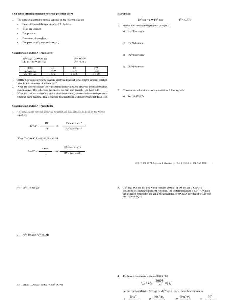 Factors Influencing Electrode Potential | PDF | Electrochemistry | Redox