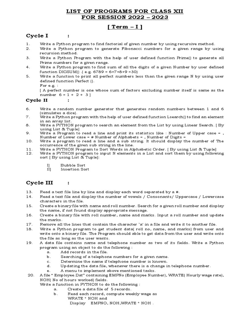 List of programs for class xii for 2022 2023 pdf function