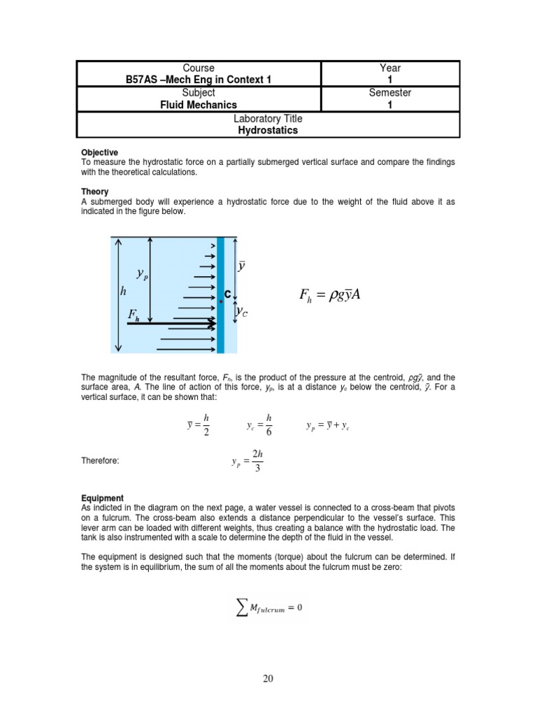 Hydrostatics Lab Sheet | PDF | Lever | Force