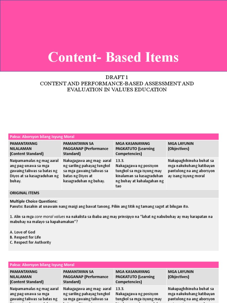 Content-Based Items: Draft 1 Content and Performance-Based Assessment ...