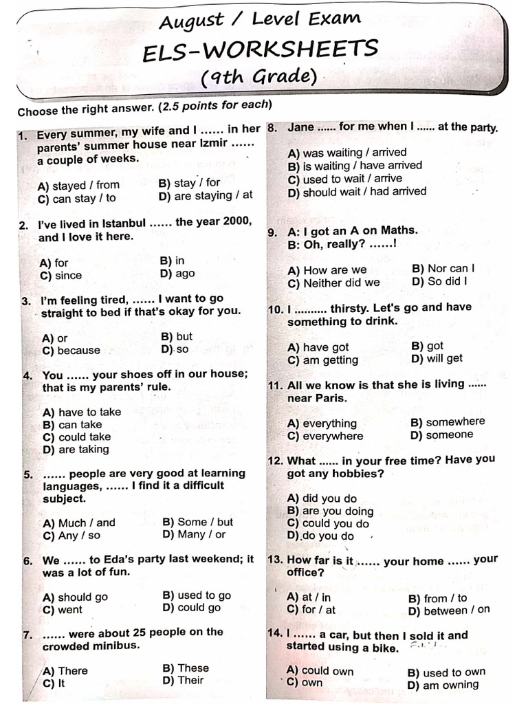9 Grade Level test PDF