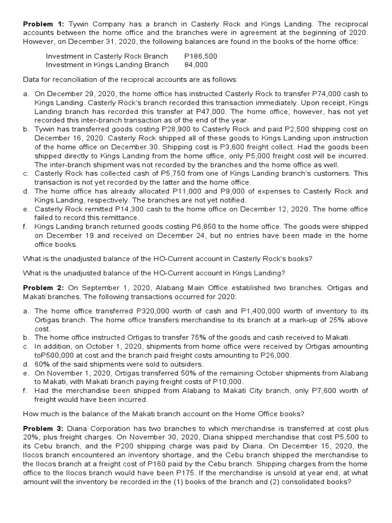 HOBA Practice Problems - Inter-Branch Transactions | PDF | Financial ...