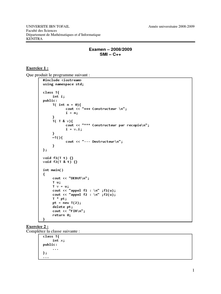 Examen SMI C++ 2008-2009 | PDF | Constructeur (programmation ...