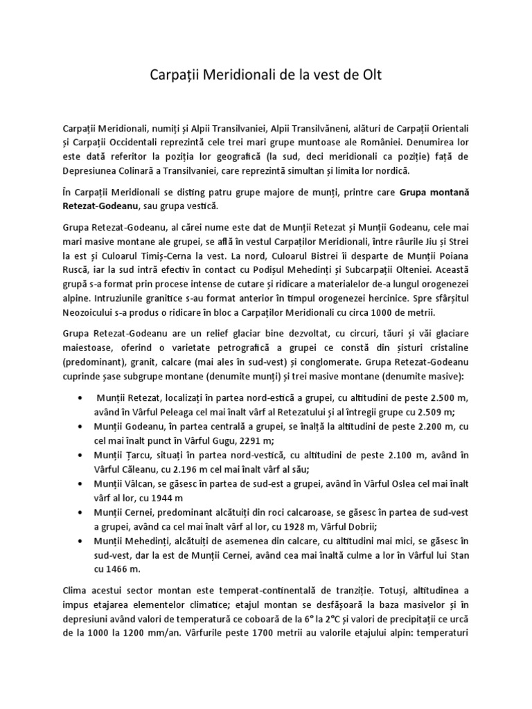 Carpații Meridionali de La Vest de Olt | PDF