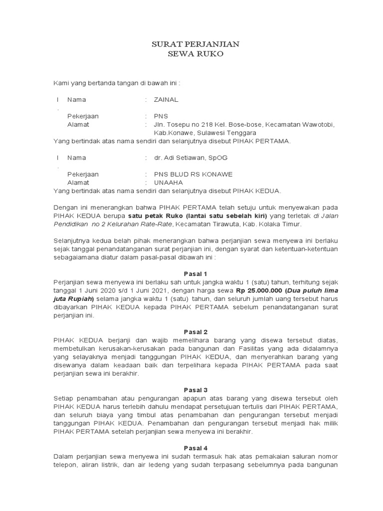 Surat Perjanjian Sewa Ruko 2020 | PDF